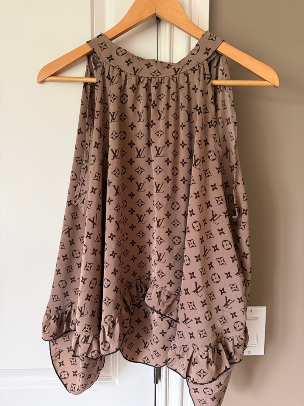 Logo Taupe Monogram Asymmetrical Ruffle top